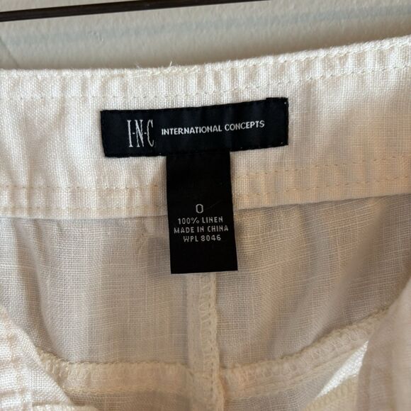 INC 100% Linen White Pants, Low Rise, Wide Leg. Rhinestone Button SZ 0 28” Waist - Picture 7 of 9